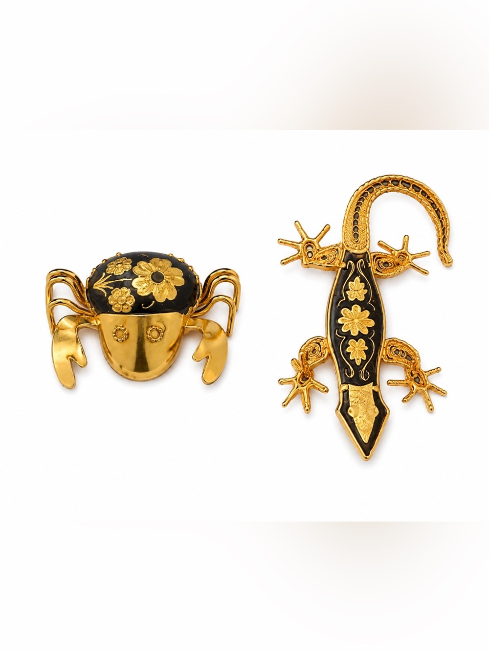 Vintage Siam Thailand Brooch Crab & Lizard Gold Black Pin Set Bundle